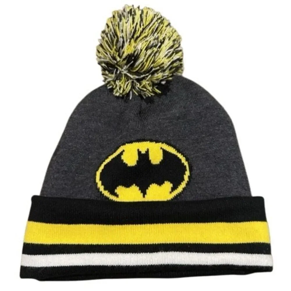 DC Comics Batman Striped Cuffed Pom Pom Beanie Winter Hat